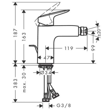 Смеситель для биде, Hansgrohe, Logis, тип открывания воды-однорычажный, тип регулирования воды-керамический картридж, отверстия для монтажа-1, высота, мм-163, вынос излива, мм-119, материал ручки-металл, цвет ручки-черный матовый, донный клапан-есть, тип , артикул 71200670