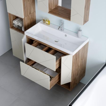 Комплект мебели для ванной Бриклаер КРИСТАЛЛ 90ZL, латте/дуб крафт табачный, артикул КРИСТАЛЛ 90ZL