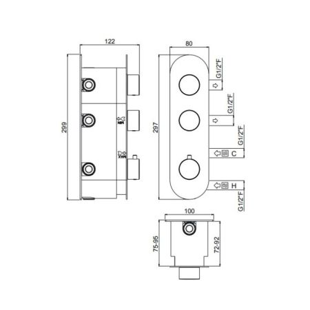 Смеситель для душа, Carimali, ILTONDO, на 2 потребителя, тип открывания воды-однорычажный, тип регулирования воды-термостатический картридж, монтаж-настенный встраиваемый, установка-вертикальная, круглые ручки/эстетическая панель, внутренняя часть-необход, артикул 21027EST/A-CR