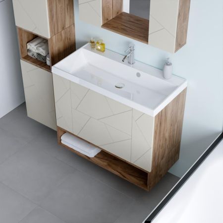 Комплект мебели для ванной Бриклаер КРИСТАЛЛ 90ZL, латте/дуб крафт табачный, артикул КРИСТАЛЛ 90ZL