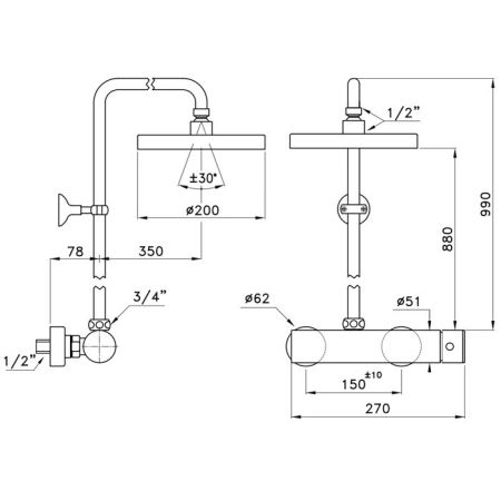Stella Bamboo Душевой комплект 3283/301-200: смеситель, штанга+верхний душ 200мм, цвет: хром, артикул BT 02414 CR00