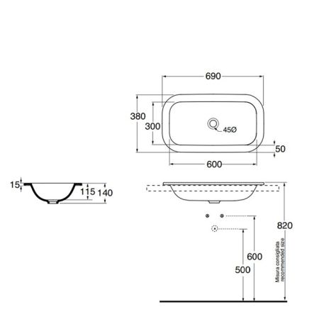 AZZURRA GLAZE Раковина встраиваемая на столешн. без отв. под смеситель 69x38см, цвет белый, артикул GLZ 69x38/IN bi*0