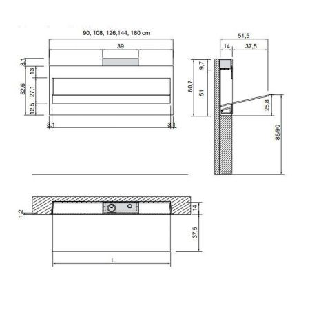 ANTONIO LUPI BATTIGIA Раковина встраиваемая в стену 1260х515х607мм, с подсветкой, смеситель, донный клапан, сифон, Corian, стекло прозрачн, цвет белый