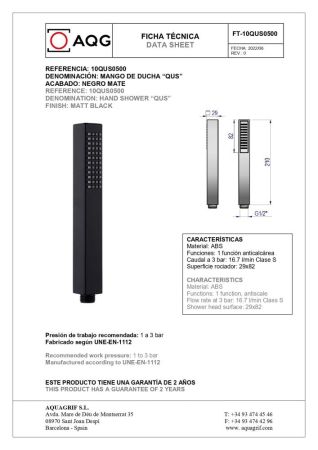 AQG, ручной душ антикальцевый QUS 29х82мм, цвет черный матовый, артикул 10QUS0500