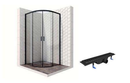 Душевой уголок Ambassador Queen Black 11011202-ST3, полукруглый, линейный трап, 100х100, артикул 11011202-ST3