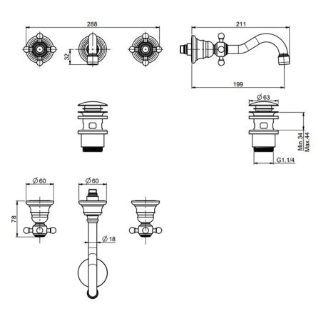 Fima Carlo Frattini Elizabeth Смеситель для раковины, встраиваемый, излив: 19.9см., цвет: золото, артикул F5081L/5OR