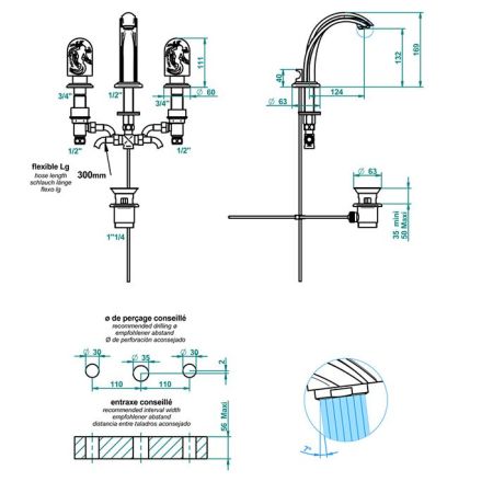 THG NAIADE Смеситель для раковины на 3 отверстия, с донным клапаном, цвет хром
