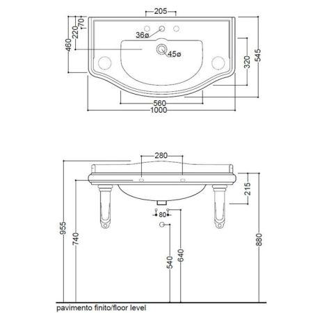 KERASAN Retro, раковина 100*54,5см с 3 отв., цвет: черный блестящий, артикул 105004 nero*3