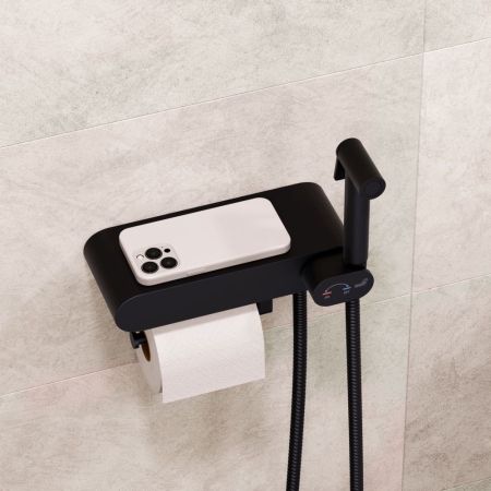 Смеситель с полочкой и держателем туалетной бумаги, с гигиеническим душем - RGW SP-222B, черный, артикул 581408222-04