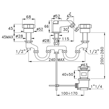 Stella Aster Смеситель для биде на 3 отверстия 3601, с донным клапаном, цвет: хром, артикул AT 00201 CR00
