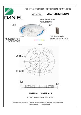 Daniel, потолочная лейка для душа (3х режимная) с 7 цветной светодиодной подсветкой, диаметр 550 мм, цвет хром, артикул A578JCM55N