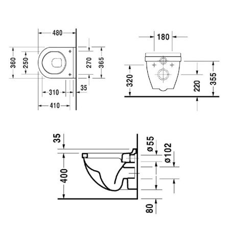 Унитаз, Duravit, Starck 3, традиционный (с закрытым смывным краем), тип установки-подвесной, ширина, мм-365, глубина, мм-480, высота, мм-355, форма чаши-овальная, выпуск-горизонтальный, без декора, материал-керамика, сиденье-в комплект не входит (приобрет