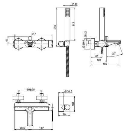 Смеситель для ванны и душа, Fima Carlo Frattini, Mast, тип открывания воды-однорычажный, тип регулирования воды-керамический картридж, монтаж-настенный, отверстия для монтажа-3, вынос излива, мм-181, в комплекте-2 подвода воды 1/2 с эксцентриком, держател, артикул F3134CR