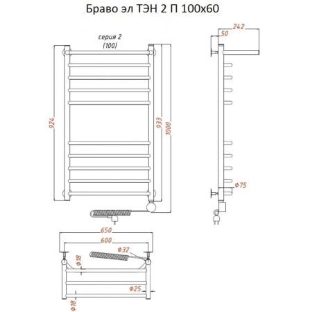 Электрический полотенцесушитель Тругор Браво 2 элТЭН 100x60 с полкой Хром, артикул Браво2/элТЭН10060П
