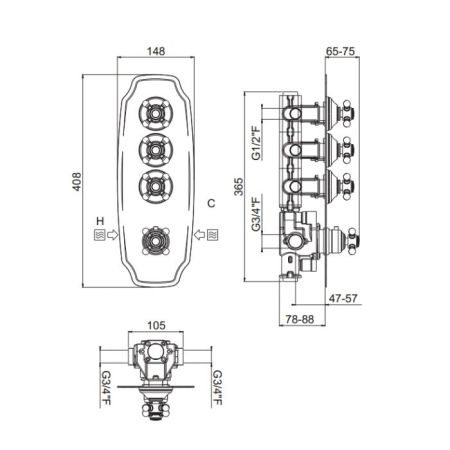 Carimali COLONIAL  Внешняя часть вертикальная термостатического смесителя на 3 потребителя. Colonial пластина and ручки. хром, артикул 21034EST-CR