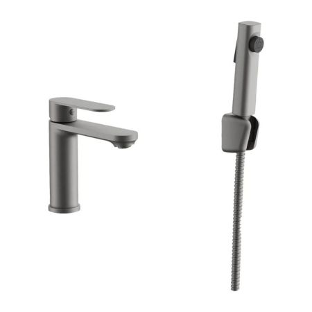 Смеситель для раковины с гигиеническим душем BELZ B12713-3, оружейная сталь