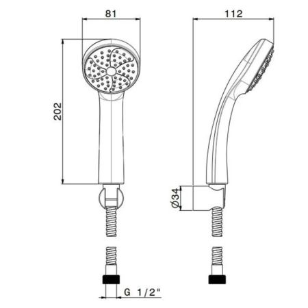 Ручной душ PIANO с держателем для лейки и шлангом, без выхода для подачи воды, хром