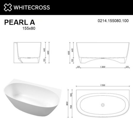 Ванна WHITECROSS Pearl A 155x80 (белый глянец) иск. камень, артикул 0214.155080.100