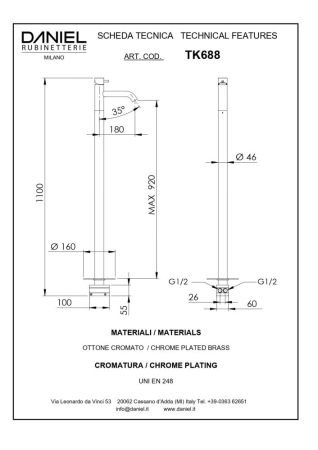 Daniel Tokyo, однорычажный напольный смеситель для раковины (излив 18 см), цвет хром