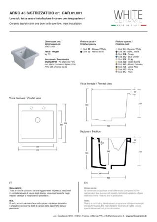 White Ceramic Arno, постирочная/хозяйственная раковина 45х51х40h см, цвет белый глянцевый, артикул GAR.01.001