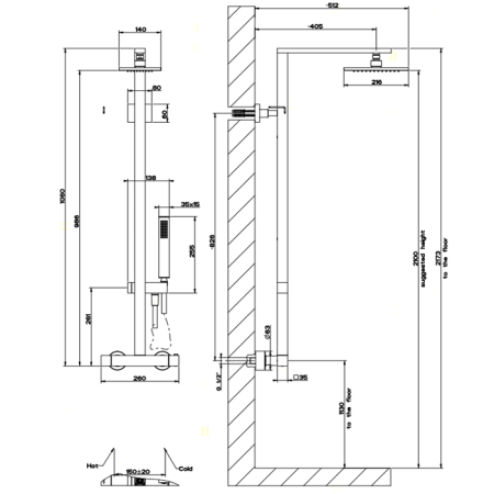 Gessi Rettangolo Термостатический смеситель с верхним душем, авт.переключателем ванна/душ, лейкой и шлангом 1,5м, высота 1060мм, цвет: хром, артикул 23447#031