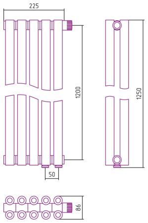 Отопительный радиатор ЭСТЕТ-00 н/ж EU50 1200х225 / 5 сек (Матовый ЧЁРНЫЙ), артикул 31-0322-1205