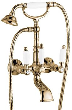 Emmevi Deco Ceramic, двухрычажный смеситель для ванны (излив 14 см), с набором для душа, цвет бронза