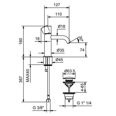 Смеситель для раковины, Fantini, Nostromo Small, тип открывания воды-однорычажный, тип регулирования воды-керамический картридж, монтаж-на раковину/столешницу, отверстия для монтажа-1, высота, мм-160, вынос излива, мм-110, тип излива-неподвижный, донный к, артикул 50 13 G904F