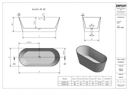 Zenon Leman, акриловая ванна закругленной формы, 180x80xh60 см, цвет белый глянцевый, артикул 4000.000.000.000.40948