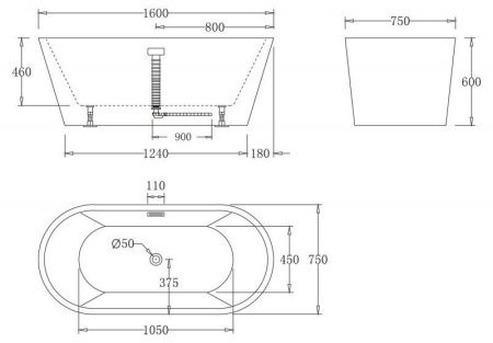 Акриловая ванна без перелива BELBAGNO BB71-1600-W0, 1600x750x600