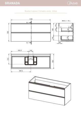 Visobath Granada, тумба 120 см, 2 ящика c черными ручками, цвет орех (Valenti), артикул 76583/87608