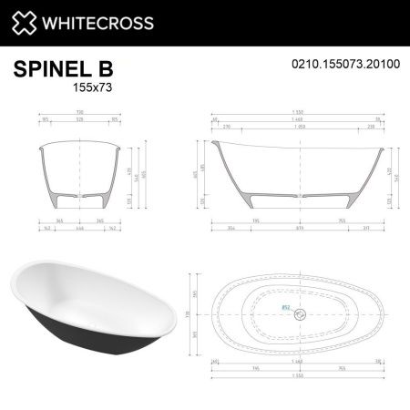 Ванна WHITECROSS Spinel B 155x73 (черный/белый мат) иск. камень