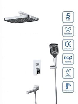 DUE Душевой комплект встраиваемый с изливом (смеситель встраиваемый, верхний душ, ручной душ со шлангом, штуцер с держателем), хром DUE-VDSET-CRM