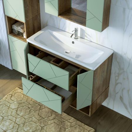 Комплект мебели для ванной Бриклаер КРИСТАЛЛ 100ZF, фисташковый/дуб гранж песочный, артикул КРИСТАЛЛ 100ZF