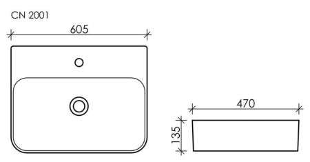 Умывальник AURA с 1 отверстием для смесителя, без перелива 600*470*135мм CN2001