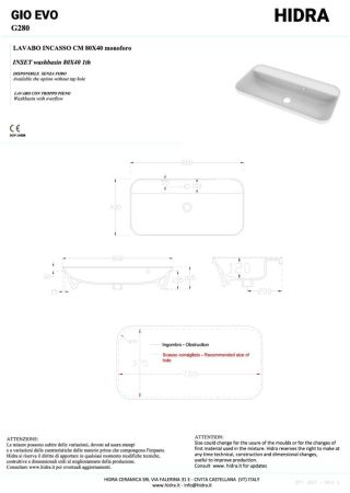 Hidra Gio,  встраиваемая прямоугольная раковина с закругленными краями 80x40x16,5h см, цвет белый матовый, артикул G280/006
