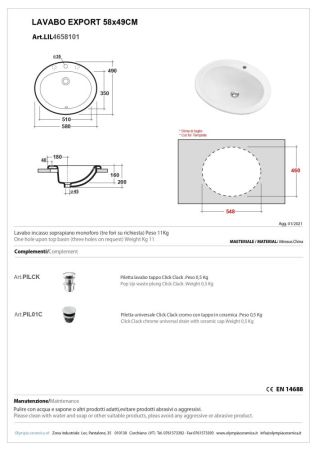 Olympia Export, встраиваемая в столешницу овальная раковина 58x49 см, цвет белый глянцевый, артикул LIL4658101