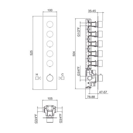 Смеситель для душа, Carimali, ILTONDO, с 5-ю независимыми выходами, тип регулирования воды-термостатический картридж, монтаж-настенный встраиваемый, внутренняя часть-необходимо заказать, цвет-хром