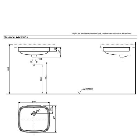 TOTO PUBLIC Раковина 540x460x167мм, встраиваемая снизу, без отв.под смеситель, с переливом, CeFiONtect, цвет:  белый, артикул LW765Y#XW