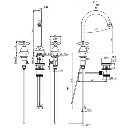 Fima Carlo Frattini Olivia Смеситель для раковины, на 3 отв., цвет: золото, артикул F5001OR