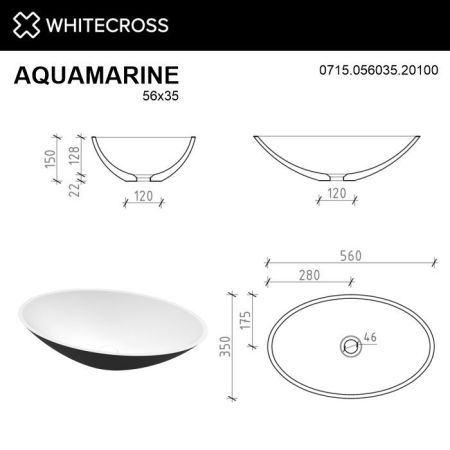 Умывальник WHITECROSS Aquamarine 56x35 (черный/белый мат) иск. камень, артикул 0715.056035.20100