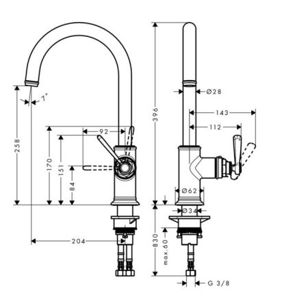 AX Montreux Смеситель для кухни, однорычажный, на 1 отв, излив 204мм, цвет: хром, артикул 16580000