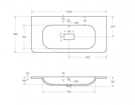 Раковина из искусственного мрамора, 1000x480x132, CZR-1000/480-LV-MR-NV, артикул CZR-1000/480-LV-MR-NV