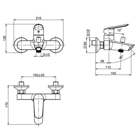 Fima Carlo Frattini Spot Смеситель для ванны, настенный, без душевого комплекта, цвет: чёрный матовый, артикул F3004/1NS