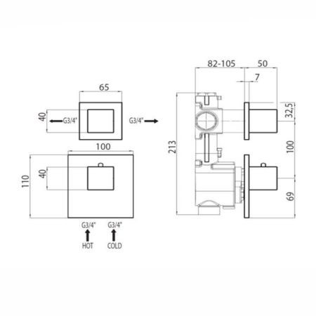 Bossini Rectangular Термостат для душа, встраиваемый (внешняя часть), с девиаторм/запорным вентилем на 1 или 2 выхода, уст-ка верт/гор., цвет: хром, артикул Z033201.030