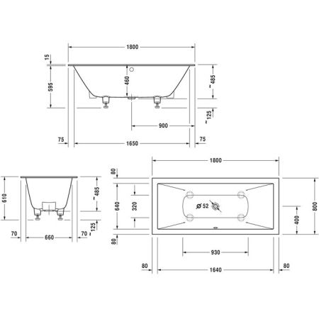 Duravit Vitrium Ванна прямоугольная  встраиваемая 1800x800мм, с ножками, с2 наклонами для спины, цвет синий матовый, артикул 700426HB