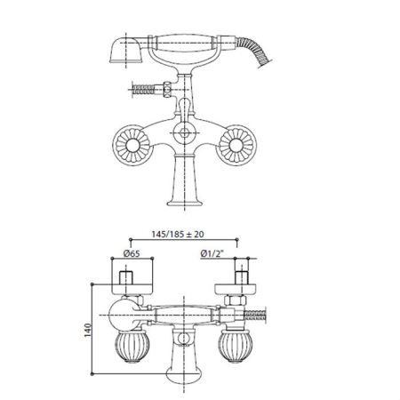 Bongio Rivoli Смеситель для ванны настенный,  с ручным душем, цвет золото/cristallo 00, артикул 05526OR00