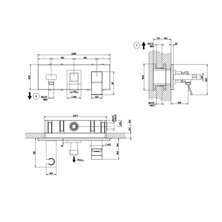 Gessi Rettangolo K Встраиваемый смеситель с изливом, подводом воды, держателем лейки и переключателем PULL(внешние части), цвет: черный, артикул 53141#299