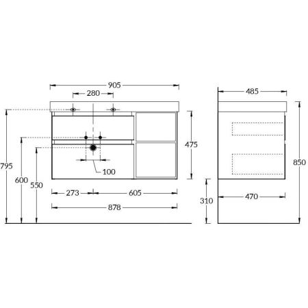Тумба CUBO левая подвесная с ящиками 90, Мальва матовая-древесная