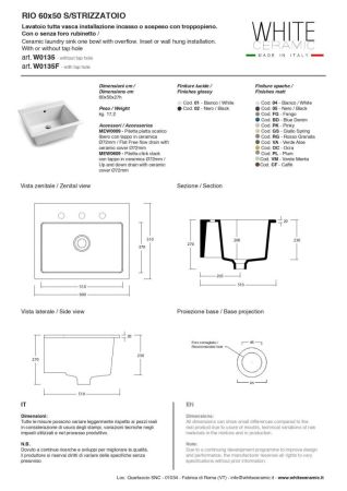 White Ceramic Rio, постирочная/хозяйственная раковина 60х51хh27 см, с отверстием под смеситель, цвет, артикул W0135F01